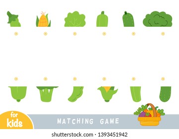 Matching game, educational game for children. Match the halves. Set of vegetables -Broccoli, Cucumber, Zucchini, Lettuce, Corn, Peas