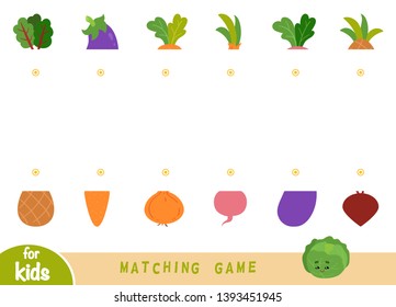 Matching game, educational game for children. Match the halves. Set of fruits and vegetables - Eggplant, Pineapple, Onion, Carrot, Radish, Beet