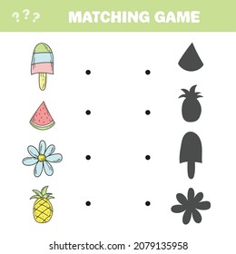 Matching game. Find the correct shadow of summer items. Game for children. Educational math game for kids.
