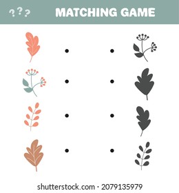 Matching game. Find the correct shadow of autumn items. Game for children. Educational math game for kids.