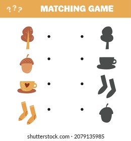 Matching game. Find the correct shadow of autumn items. Game for children. Educational math game for kids.