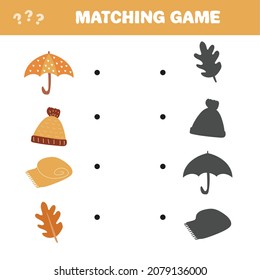 Matching game. Find the correct shadow of autumn items. Game for children. Educational math game for kids.