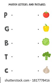 Matching game for kids. Connect picture and letter it starts with. Educational alphabet worksheet for children. Cartoon vegetables.