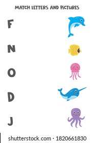 Matching game for kids. Connect picture and letter it starts with. Educational alphabet worksheet for children. Cute cartoon sea animals.