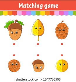 Matching game for kids. Education developing worksheet. Draw a line. Activity page. Cartoon character. Autumn theme.