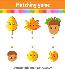 Juego de correspondencia para niños. Educación desarrollando hoja de trabajo. Dibujar una línea. Actividad. Caricatura. Tema del otoño.