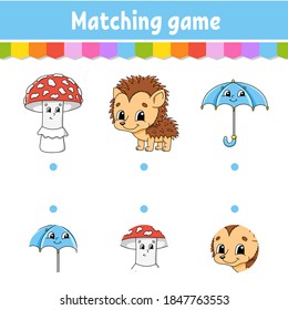 Matching game for kids. Education developing worksheet. Draw a line. Activity page. Cartoon character. Autumn theme.