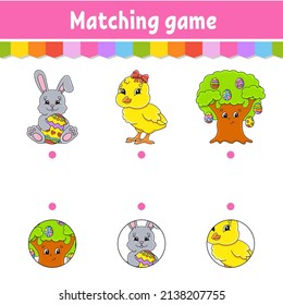 Matching game for kids. Education developing worksheet. Draw a line. Easter theme. Activity page. cartoon character. Vector illustration.