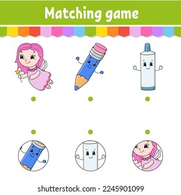 Das passende Spiel für Kinder. Arbeitsblatt für die Erziehung. Zeichne eine Zeile. Aktivitätsseite. Zeichentrickfigur. Vektorgrafik.