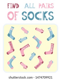 Matching game for kids: find all the matching pairs of socks. Colorful illustration in vector. Educational game for children. Find similar couples