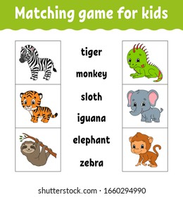 Matching game for kids. Find the correct answer. Draw a line. Learning words. Activity worksheet. Cartoon character. Cute animal.