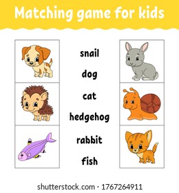 Matching game for kids. Find the correct answer. Draw a line. Learning words. Activity worksheet. Cartoon character.