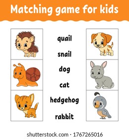 Matching game for kids. Find the correct answer. Draw a line. Learning words. Activity worksheet. Cartoon character.