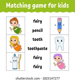 Matching game for kids. Find the correct answer. Draw a line. Learning words. Activity worksheet. Cartoon character.