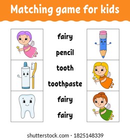 Matching game for kids. Find the correct answer. Draw a line. Learning words. Activity worksheet. Cartoon character.