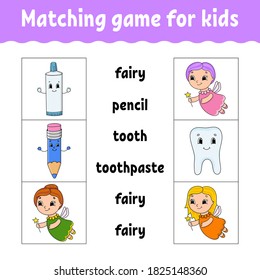 Matching game for kids. Find the correct answer. Draw a line. Learning words. Activity worksheet. Cartoon character.