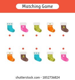 Matching game for kids. Find the correct pair. Worksheet with cute socks. Kids activity for preschool age. Vector illustration