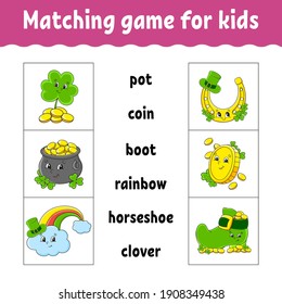 Matching game for kids. Find the correct answer. Draw a line. Learning words. Activity worksheet. St. Patrick's day. Cartoon character.