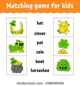 Matching game for kids. Find the correct answer. Draw a line. Learning words. Activity worksheet. St. Patrick's day. Cartoon character.