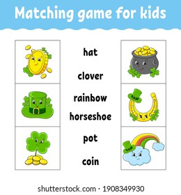 Matching game for kids. Find the correct answer. Draw a line. Learning words. Activity worksheet. St. Patrick's day. Cartoon character.