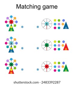 Matching game for kids. Find the correct color of cartoon Ferris wheel and match. Vector illustration. 