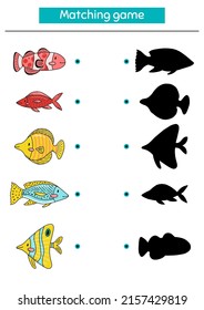 Matching game for kids preschool and kindergarten age. Find the correct shadow. Doodle cute fish. Vector illustration.