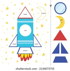 Matching game for kids with a rocket and moon. Learning geometric shapes activity page for preschool. Cut and paste worksheet for children. Vector illustration 