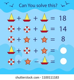 Matching game for kids with sea symbolic. Mathematical count task. Can You solve this? Children funny riddle entertainment. Sheet right answer. Vector activity page and game.