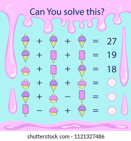 Matching game for kids with sweets. Mathematical count task. Can You solve this? Children funny riddle entertainment. Sheet right answer. Vector activity page and game.