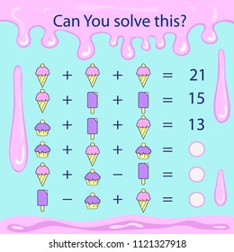 Matching game for kids with sweets. Worksheet with mathematical count task. Can You solve this? Children funny riddle entertainment. Sheet right answer. Vector activity page and game.