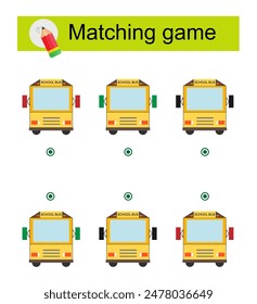 Matching game for kids. Task for the development of attention and logic. Vector illustration of cartoon school bus.