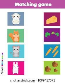 Matching game. Match animal with food. Educational children activity for pre shool years kids and toddlers