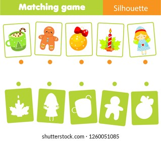 Matching game. Match Christmas objects with silhouette. Educational kids activity. New year theme fun page for toddlers.