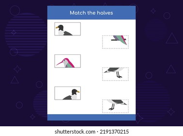 Matching game. Match halves of Birds. Educational game for children, printable worksheet