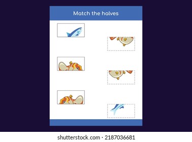 Matching Game. Match Hälften von Fischen. Erziehungsspiel für Kinder, druckbares Arbeitsblatt