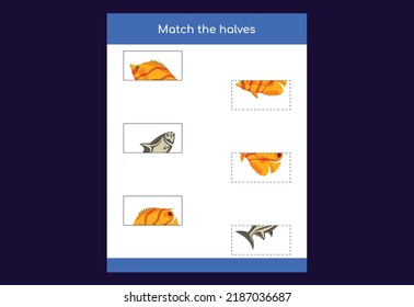 Matching game. Match halves of fish. Educational game for children, printable worksheet