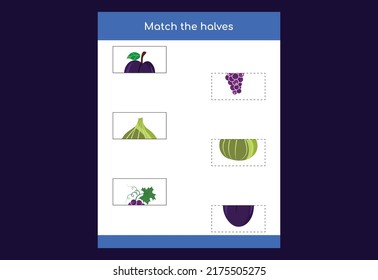 Matching game. Match halves of Fruits. Educational game for children, printable worksheet