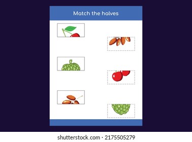 Matching game. Match halves of Fruits. Educational game for children, printable worksheet