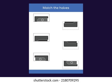 Matching game. Match halves of objects. Educational game for children, printable worksheet