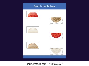 Matching game. Match halves of objects. Educational game for children, printable worksheet
