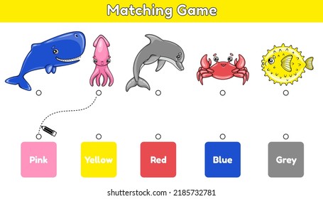 Matching Game. Ordnen Sie Objekte mit Farbe zu. Erziehungskindertätigkeit. Cartoon-Meerestiere. Vektorgrafik.