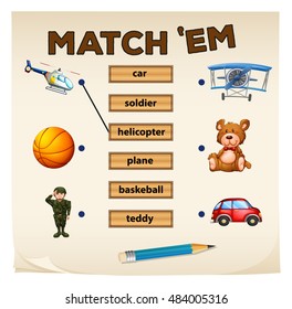 Matching game objects and words illustration