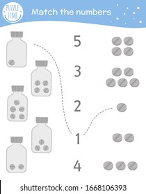 Matching game with pills and bottles. Medical math activity for preschool children. Medicine counting worksheet. Educational riddle with cute funny elements