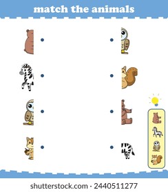 Matching game for preschool children with wild animals. Vector Illustration