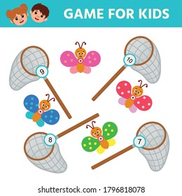 Matching game for preschool kids. Catch a butterfly in a butterfly net according to the numbers. Puzzle with cute funny smiling butterfly