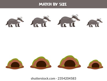 Matching game for preschool kids. Match badgers and burrows by size.