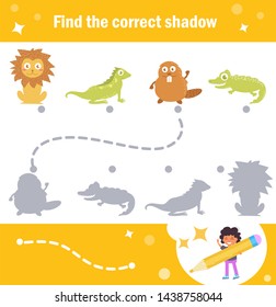 Matching game. Shadow Animals Vector. Cartoon. Isolated art on white background. Flat lion, lizard, beaver, crocodile