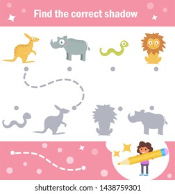 Matching game. Shadow Animals Vector. Cartoon. Isolated art on white background. Flat Kangaroo, Rhino, snake, lion