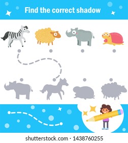 Matching game. Shadow Animals Vector. Cartoon. Isolated art on white background. Flat Zebra, sheep, Rhino, turtle