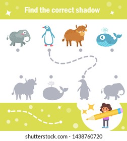 Matching game. Shadow Animals Vector. Cartoon. Isolated art on white background. Flat elephant, penguin, Yak, whale